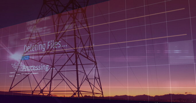 Showing transmission tower at dusk, with grid overlay and deleting files and processing text