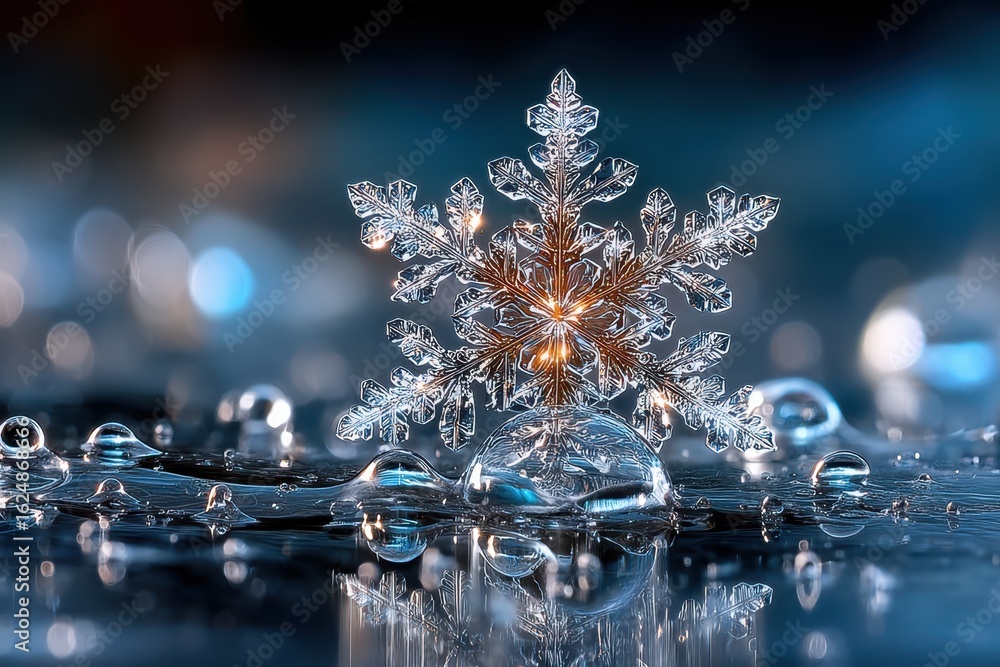 Poster intricate snowflake resting on water droplets in a winter setting