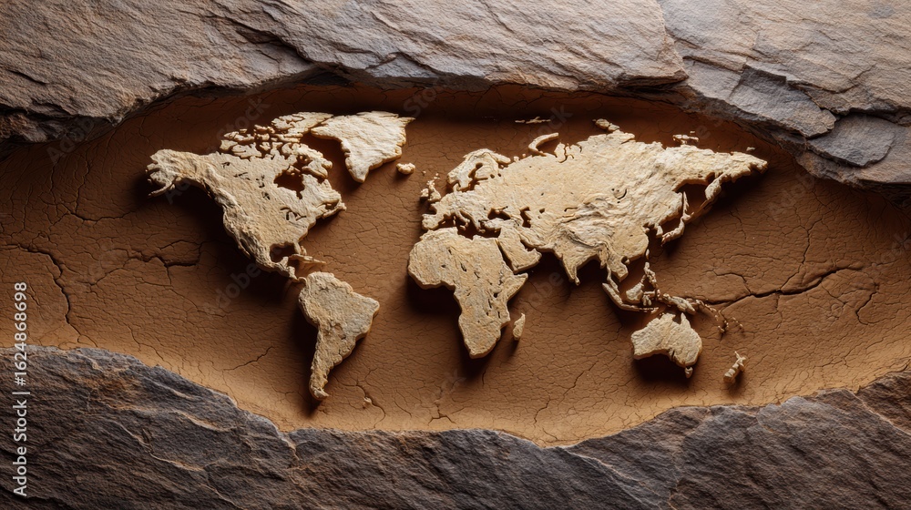 Poster a textured map of the world is carved into a rock surface, showcasing a unique blend of natural and 