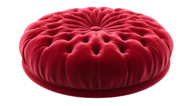Close up of a round red velvet ottoman with button tufting and a center button on a black background