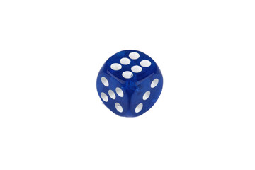 Close-up of a single genuine used blue colored semi-transparent dice