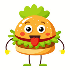 Whimsical hamburger character with green leaf hair