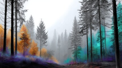 Fototapeta premium A mystical forest scene featuring tall trees with vibrant autumn colors, shrouded in mist and highlighting a surreal atmosphere.