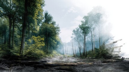 Obraz premium A misty forest scene featuring tall trees, lush greenery, and a tranquil atmosphere, evoking a sense of peace and natural beauty.