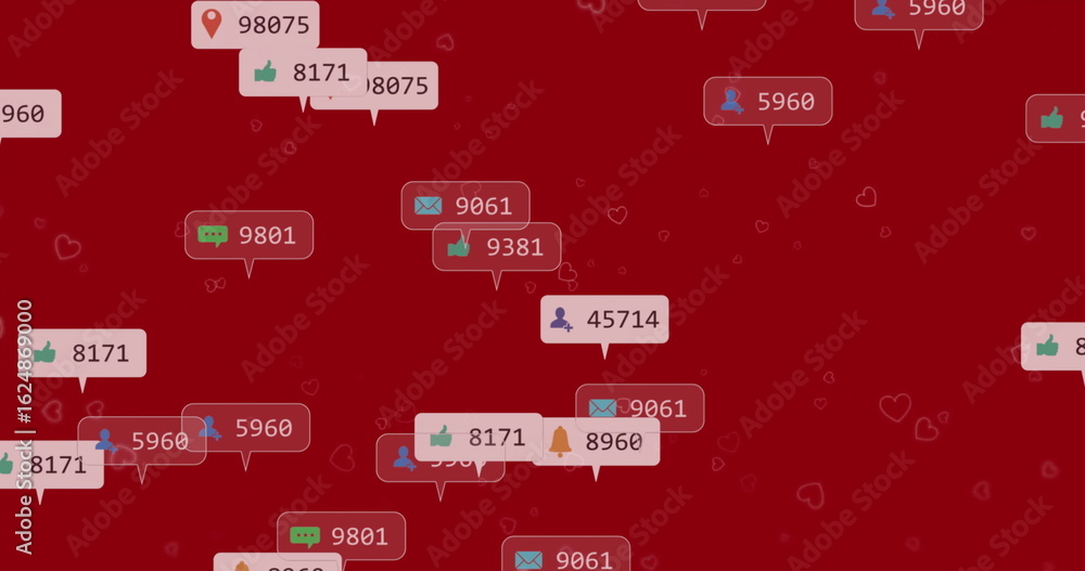 Poster showing floating notification bubbles on red interface, highlighting like comment mail alert counts