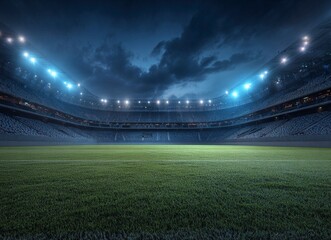 3D illustration of an empty soccer stadium with green grass and blue sky, front view, nighttime, lights on the stands. 