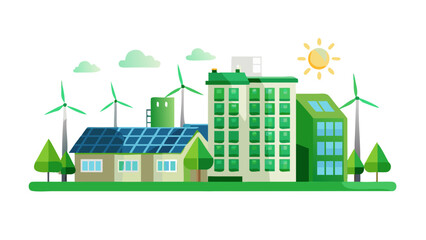 Eco-Friendly Building SVG: Solar Glass & Wind Turbine Vector Icon