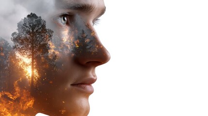 A profile silhouette of a person blends with forest fire imagery, symbolizing the impact of nature and climate change on human emotions.