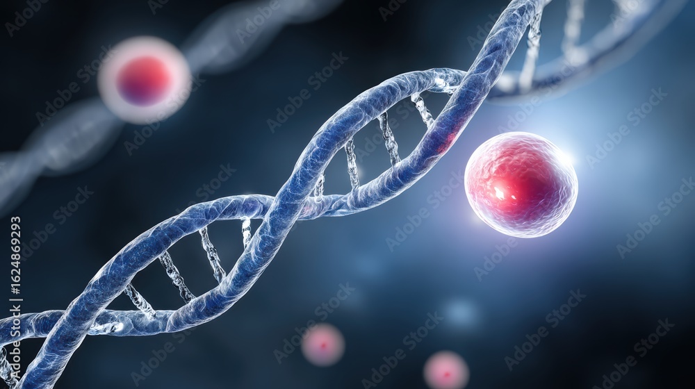 Poster a digital illustration of dna strands and cells, emphasizing the intricacies of genetic material and