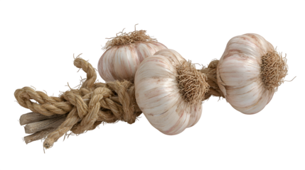 A close up of three garlic bulbs tied together with a brown rope on a black background studio shot
