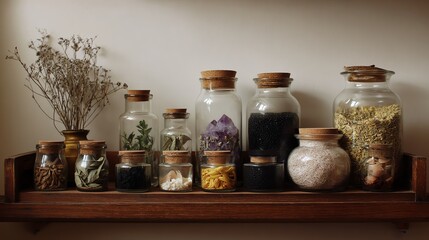 A wooden shelf displaying various glass jars filled with herbs, spices, seeds, and dried flowers, alongside a vase with dried flowers, creating a rustic, natural kitchen decor.