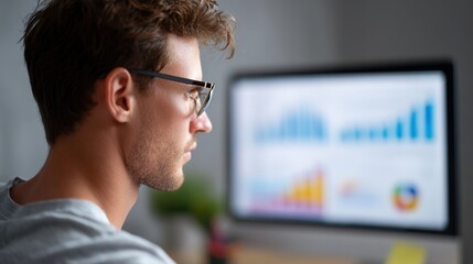 Fototapeta premium Focused Data Analyst: A focused professional, adorned in stylish glasses, diligently analyzes data and charts displayed on a monitor.