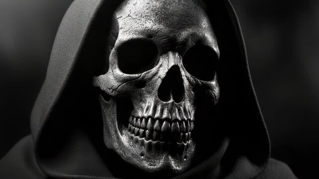 A closeup, dramatic portrait of a weathered skull wearing a dark, hooded cloak, evoking a sense of mystery and the macabre