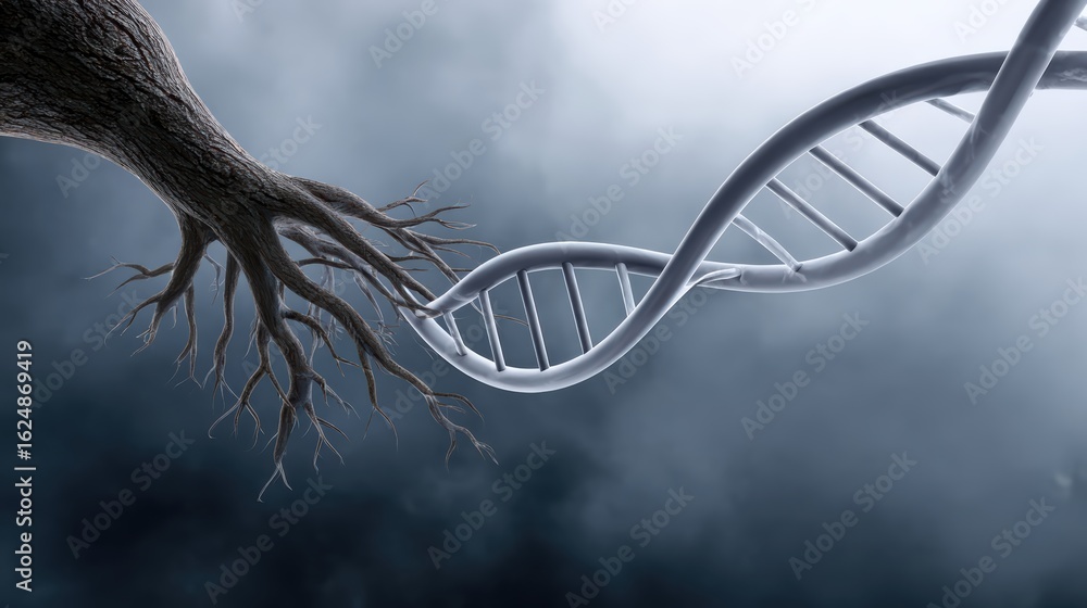 Poster a surreal image combining a tree and a dna helix, symbolizing the connection between nature and gene