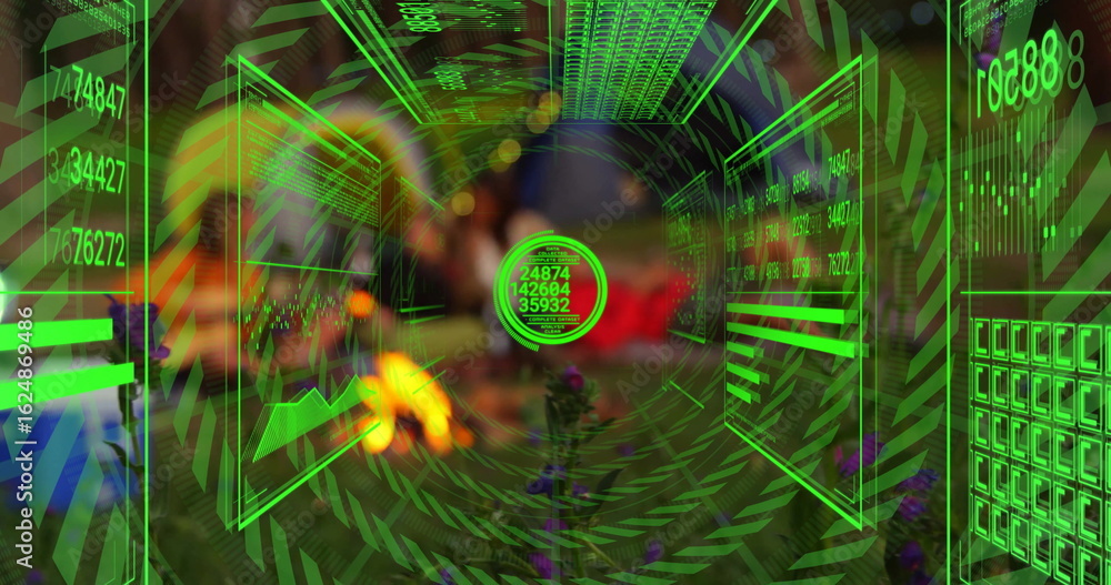 Poster displaying central holographic data panel in vr tunnel, with bar charts, grids and numeric displays