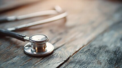 Medical stethoscope lying on smooth wooden surface in clinical setting