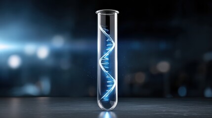 A glowing test tube with a DNA helix inside, set against a dark background, representing scientific research and biotechnology.