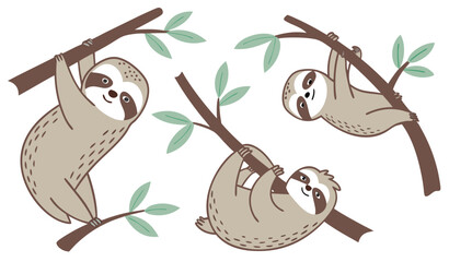 Cute sloth stickers set. Collection of graphic elements for website. Charming lazy animal on branch. Forest tropical mammal with tree. Cartoon flat vector illustrations isolated on white background