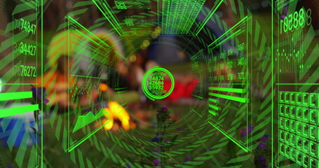 Displaying central holographic data panel in VR tunnel, with bar charts, grids and numeric displays