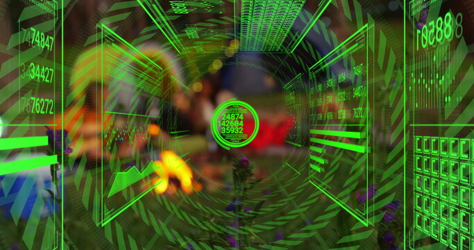 Displaying central holographic data panel in VR tunnel, with bar charts, grids and numeric displays