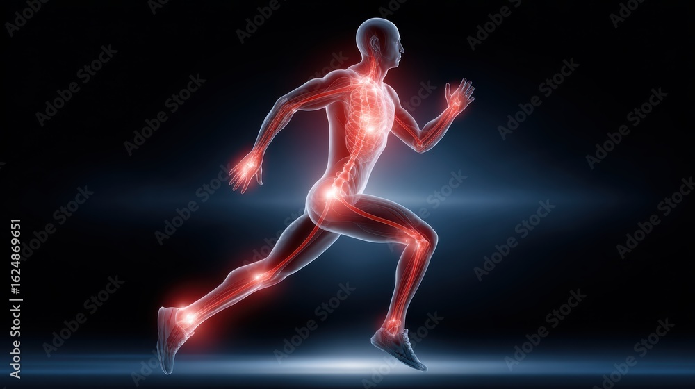 Poster a dynamic depiction of a human figure in motion, showcasing an illuminated skeletal and muscular sys