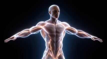 Obraz premium A digital rendering of a muscular human figure with glowing lines representing muscles and energy, set against a dark background.
