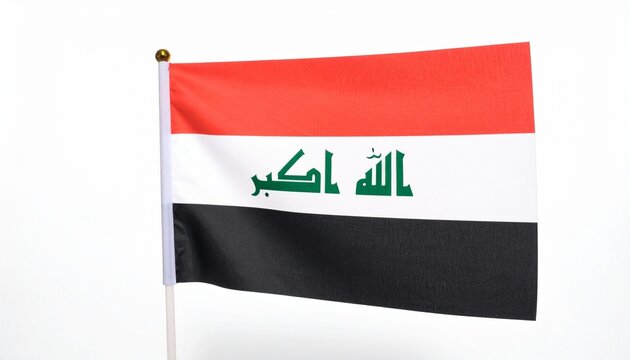 Iraqi flag—horizontal tricolor of red, white, and black with green Arabic script “Allahu Akbar” centered, symbolizing faith, strength, and national unity. - Powered by Adobe