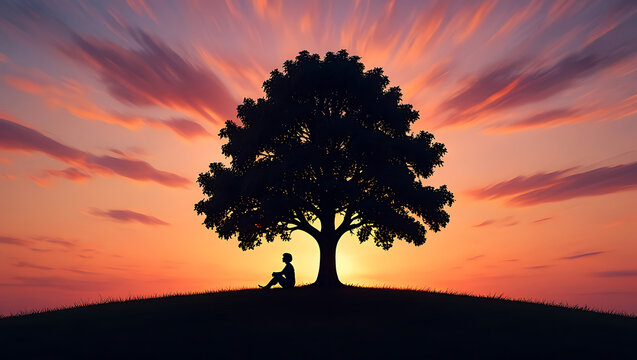 Silhouette of a lone tree against a colorful sunset sky