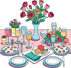 Vector illustration of tablescape with glasses and flowers. Dinner table line art. Hand drawing of table for invitation design, stationery branding, printables, social networks stock illustration