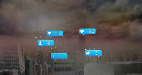 Floating blue social icons over rooftop skyline, with heart, comment, user, thumbs-up, blank bubble