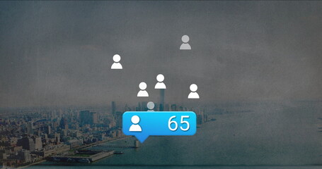 Blue notification bubble showing 65 users floating over waterfront skyline, with white user icons