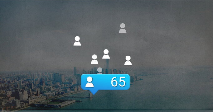 Blue notification bubble showing 65 users floating over waterfront skyline, with white user icons