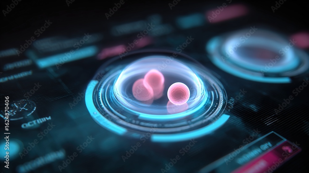 Poster cellular frontiers: an abstract, digitally rendered image of cellular structures, pulsing with intri