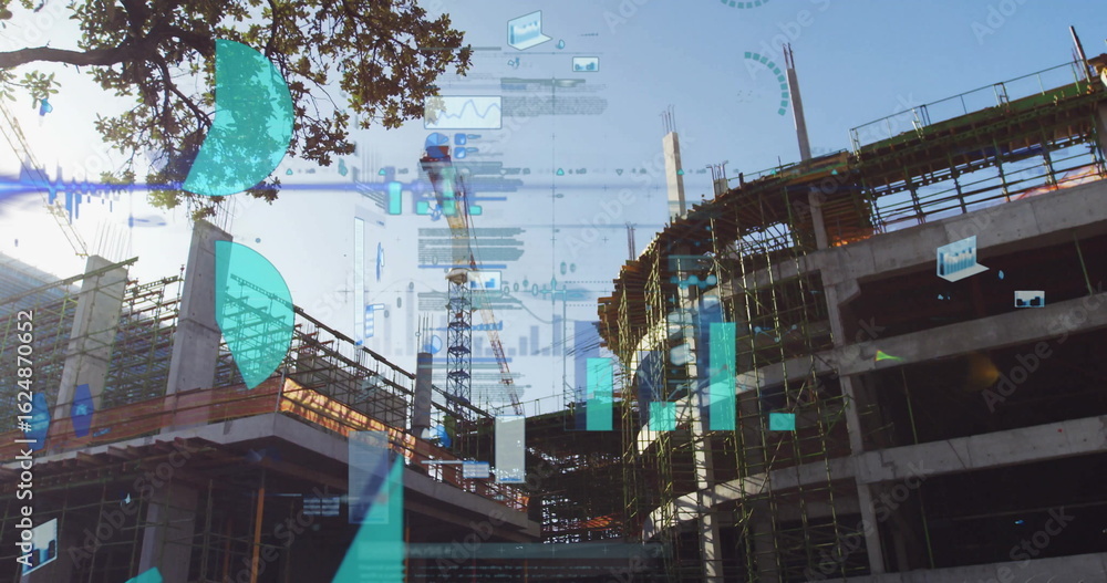 Poster featuring concrete framework rising at building site with crane, digital graphics and tree branch