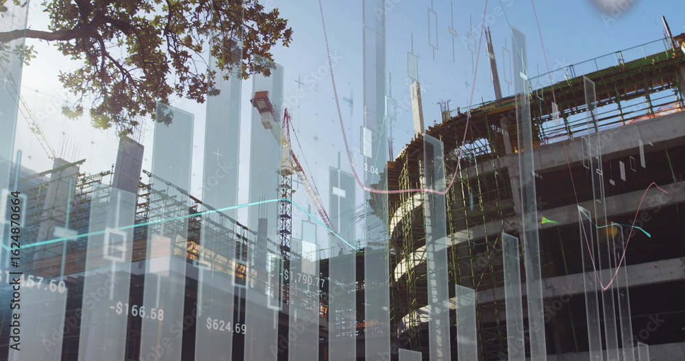Poster showing framework with tower cranes and scaffold at construction zone with data overlays