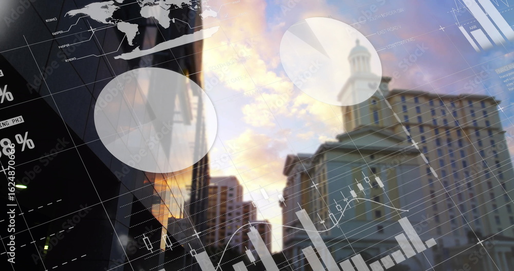 Poster showing classical domed building reflecting sunset downtown with pie chart and line graph overlays