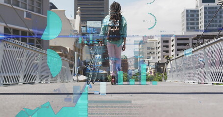 Fototapeta premium Walking man pushing bicycle on pedestrian bridge, with backpack and digital charts overlay