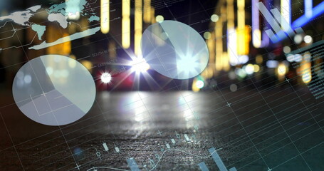 Reflecting wet asphalt showing digital world map overlay in urban street, glowing data graphics