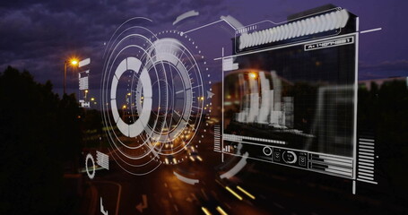 Projecting holographic interface over roadway at dusk, with circular HUD graphics, data panel