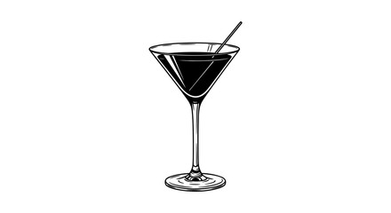 Hand-Drawn Martini Glass Illustration – Minimalist Black and White Line Drawing of V-Shaped Cocktail Glass with Black Liquid and Stirrer on White Background