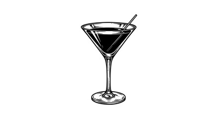 Hand-Drawn Martini Glass Illustration – Minimalist Black and White Line Drawing of V-Shaped Cocktail Glass with Black Liquid and Stirrer on White Background