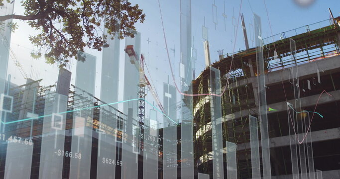 Showing framework with tower cranes and scaffold at construction zone with data overlays