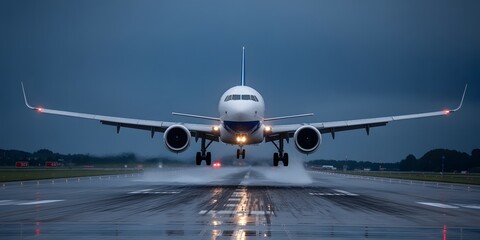 An Airplane Landing on a Wet Runway at Dusk Ready to Touchdown in Poor Weather Conditions with a Dramatic Backdrop