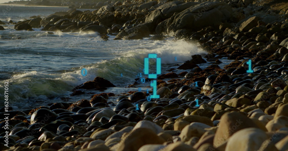 Poster floating turquoise binary digits hovering above smooth beach stones on rocky shore, with waves