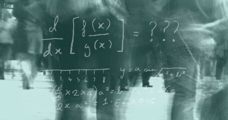 Floating chalk-style math equations drifting across city sidewalk, over blurred crowd