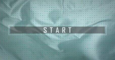 Displaying dark gray panel showing white START text on teal-green backdrop, with dotted overlay