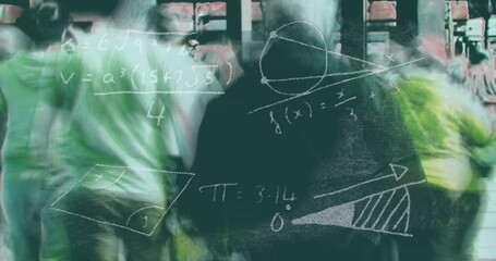 Walking students passing through academic corridor, with chalkboard math overlay and red seats