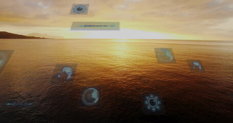 Displaying golden ocean glowing at seaside sunset, with holographic schematics and waveform panel