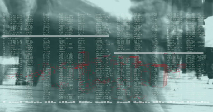 Walking pedestrians wearing coats along city sidewalk, with flight data overlay wireframe charts - Powered by Adobe