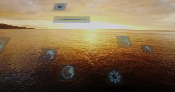 Fototapeta Displaying golden ocean glowing at seaside sunset, with holographic schematics and waveform panel